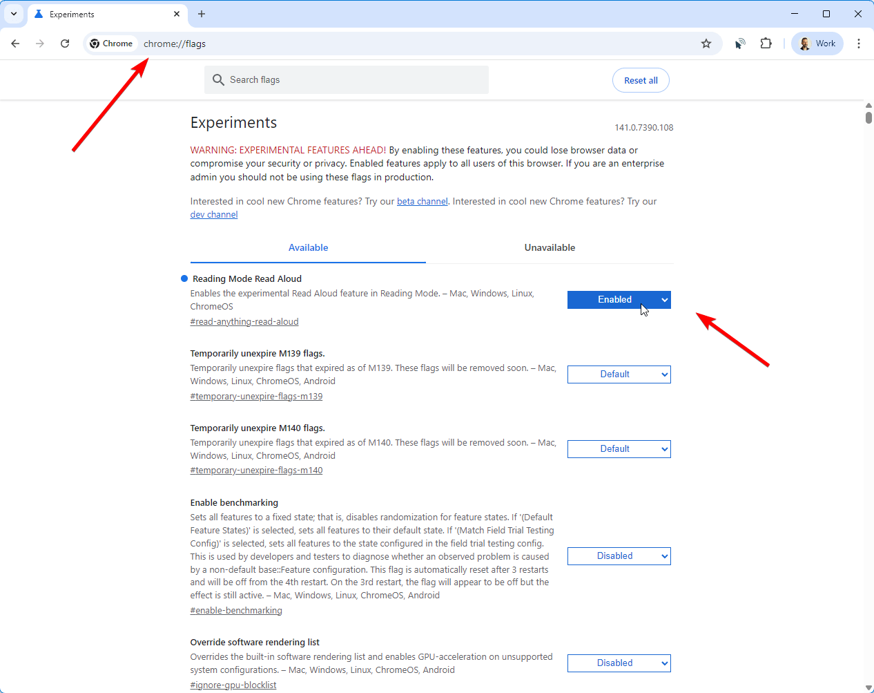 Chrome flags settings with Reading Mode Read Aloud enabled